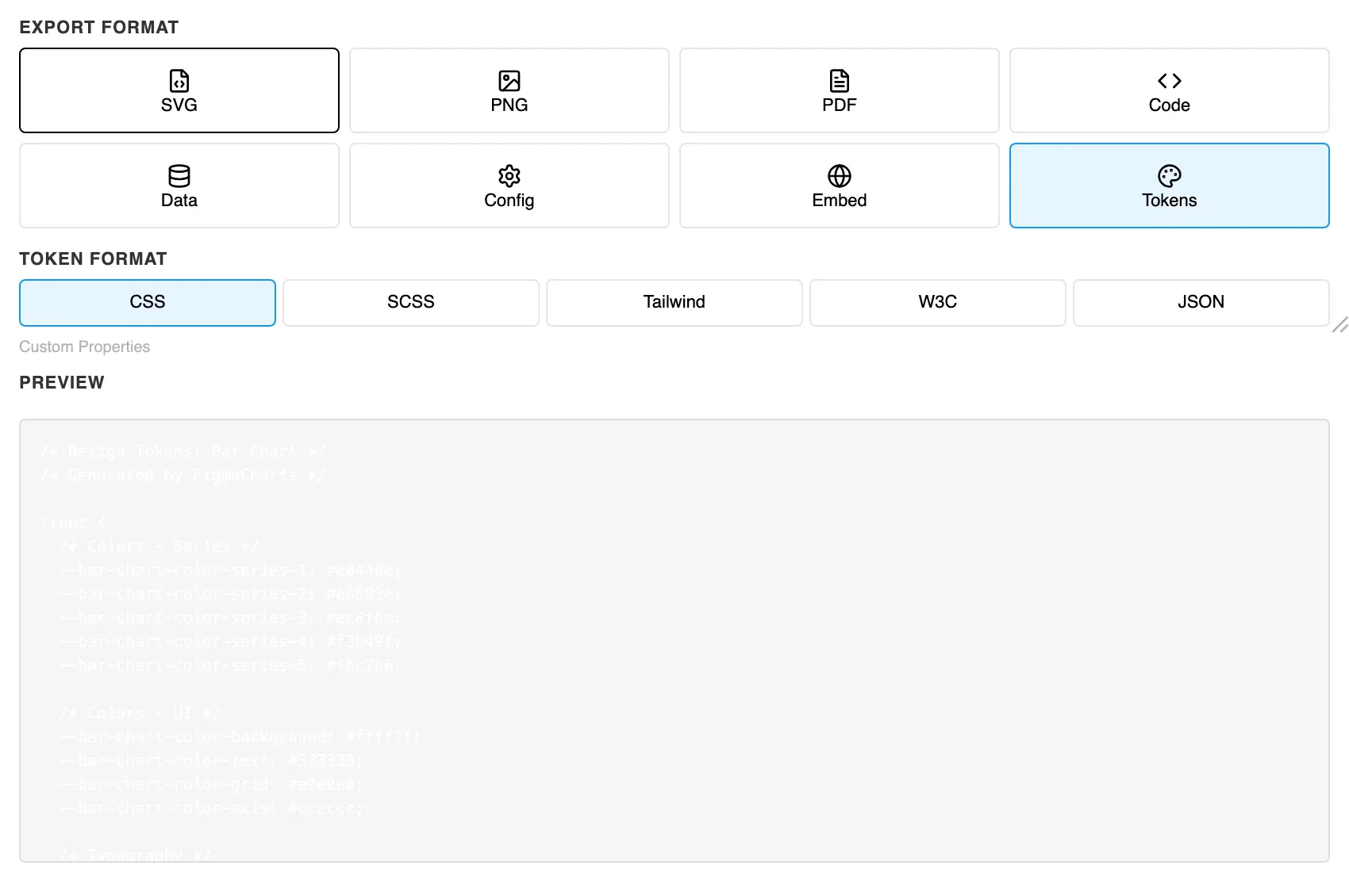 The Export tab with Tokens selected among the eight export formats, and a Token Format row offering CSS, SCSS, Tailwind, W3C and JSON, with CSS active and labelled Custom Properties above a preview of the generated tokens