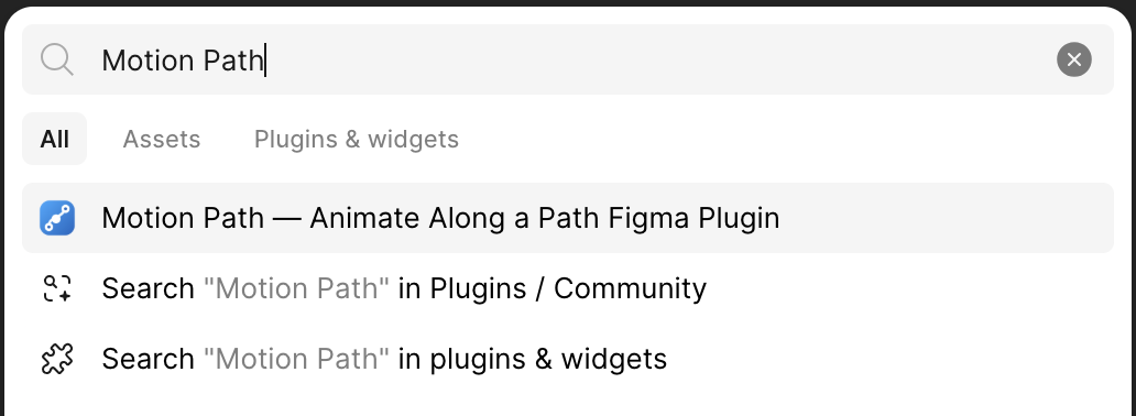 Figma&rsquo;s search with &ldquo;Motion Path&rdquo; typed in, showing the All / Assets / Plugins & widgets tabs and the result row &ldquo;Motion Path — Animate Along a Path Figma Plugin&rdquo;