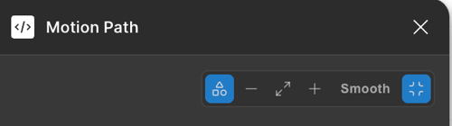 The Motion Path preview control cluster in Figma: an object toggle, zoom out, fit, zoom in, the playback-rate pill reading Smooth, and a collapse button, beside the Motion Path title bar