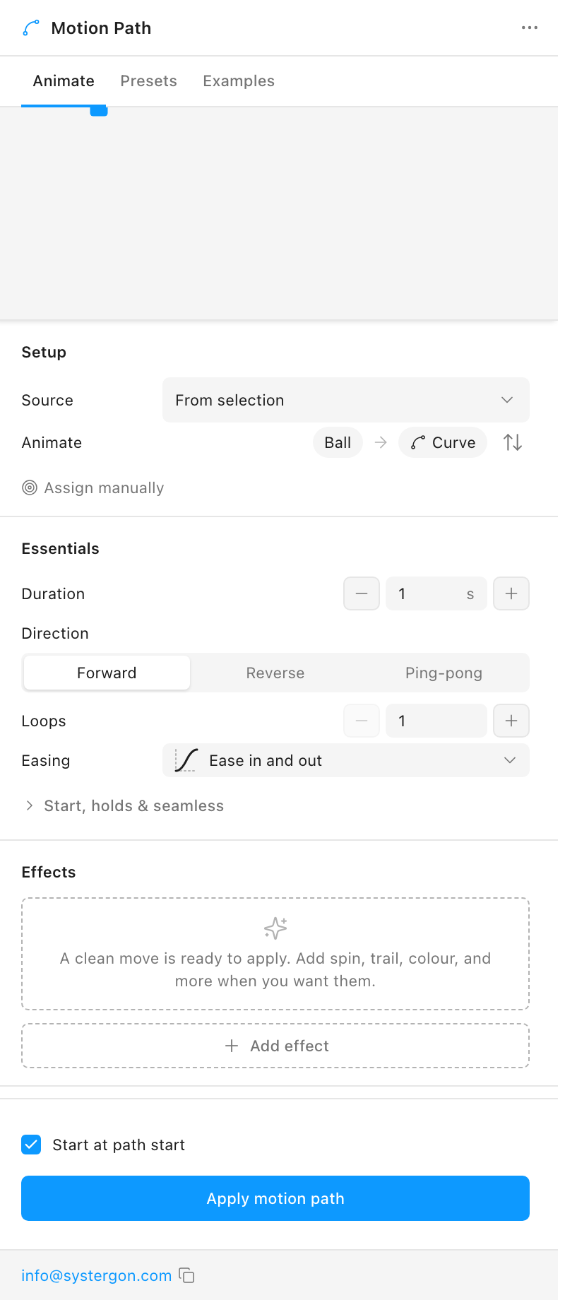 After: the redesigned panel — Setup, Essentials, and an empty Effects list with an Add-effect button, all visible at once.