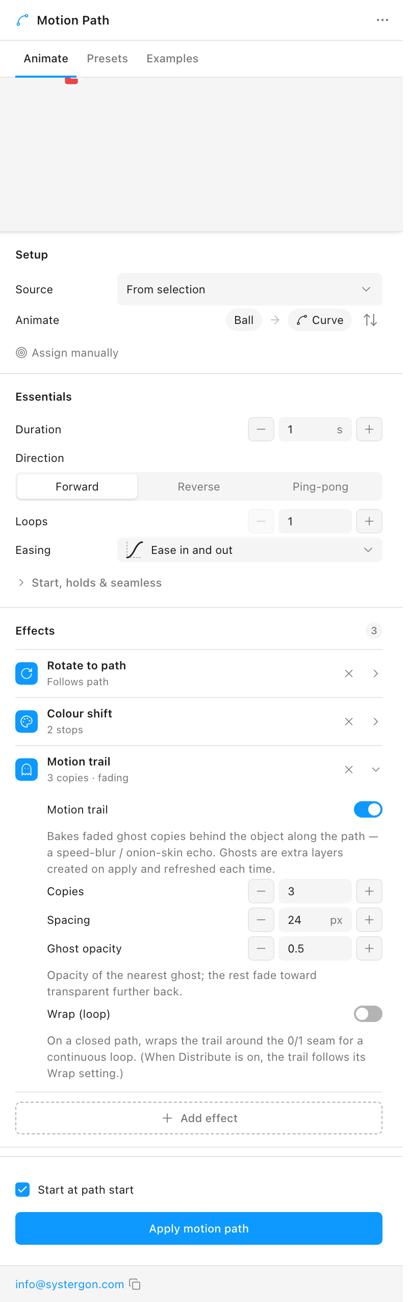 Three effects added as compact cards — Rotate to path, Colour shift and Motion trail — with Motion trail expanded to reveal its Copies, Spacing and Ghost-opacity controls.