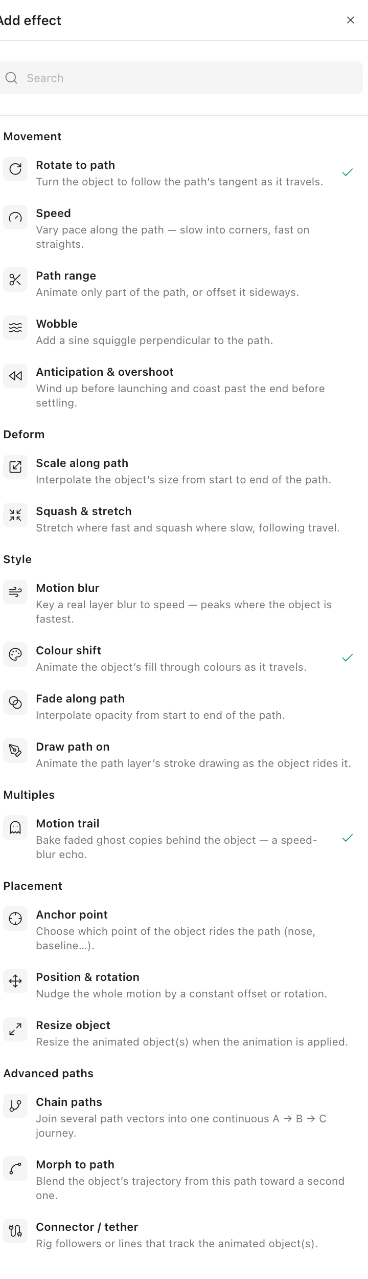 The Add effect library — a searchable picker grouped into Movement, Deform, Style, Multiples, Placement and Advanced paths, each effect with an icon and a one-line description.