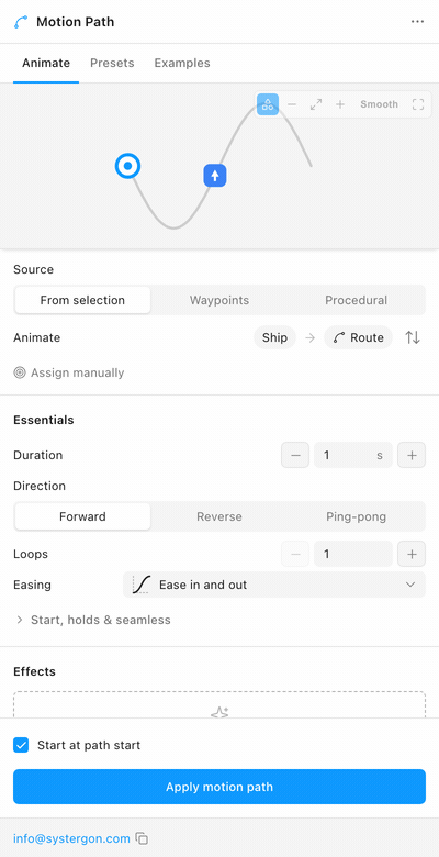 Step-by-step in the Motion Path panel: the Animate tab with an object on an S-curve, the overflow menu opening to reveal Export video, the Export video panel set to MP4, then switched to GIF where a Loops field replaces Quality