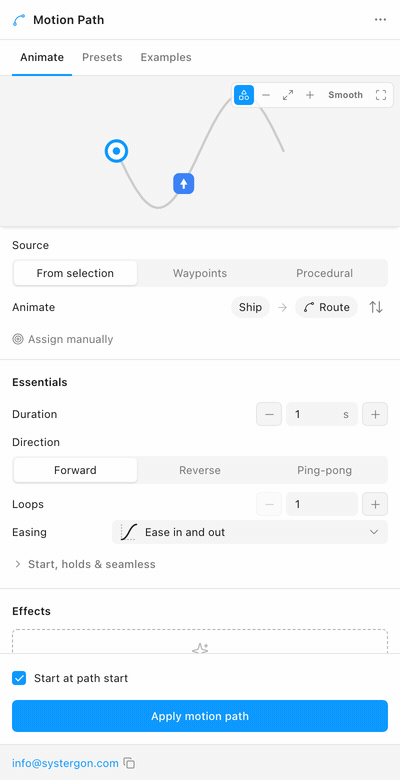 Step-by-step in the Motion Path panel: the Animate tab, the overflow menu opening to reveal Copy as code, the Copy as code panel showing CSS by default, then the Lottie tab selected showing the generated Lottie JSON