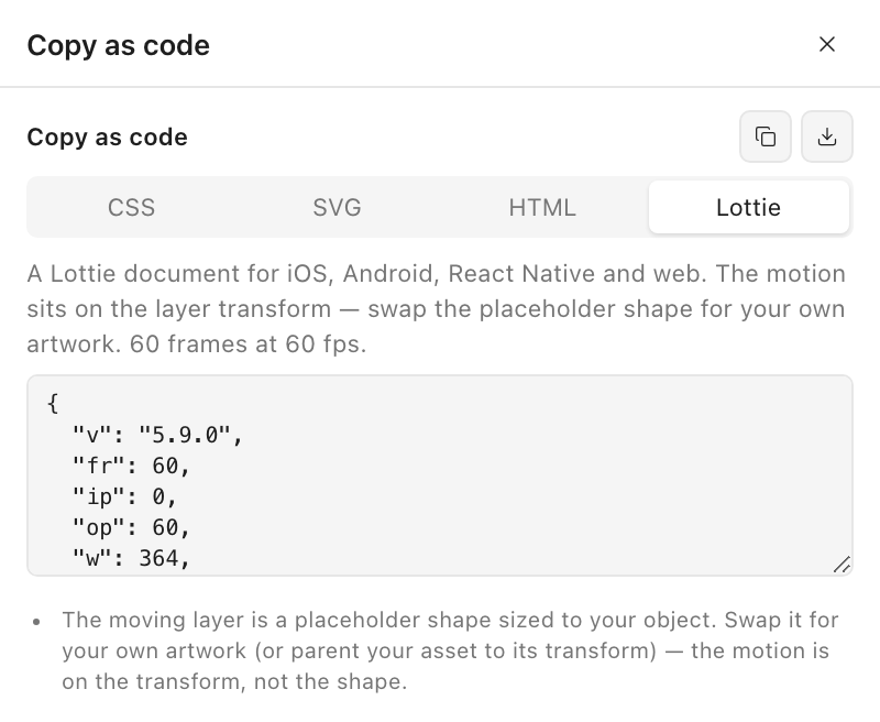 The Motion Path Copy as code panel with the Lottie tab selected: a description reading 60 frames at 60 fps, a code box showing Lottie JSON beginning with version 5.9.0, and a note that the moving layer is a placeholder shape to swap for your own artwork