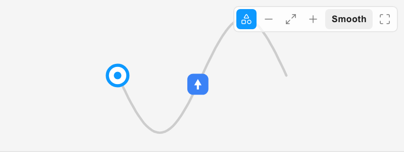 The Motion Path preview showing a real blue rounded-square layer riding an S-curve path, with the draggable start point marked at the left and the preview controls along the top right