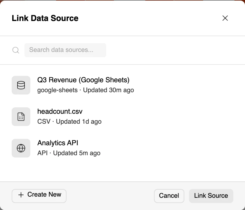 The Link Data Source dialog listing the data sources saved in the current Figma file, with a search box and a Create New button