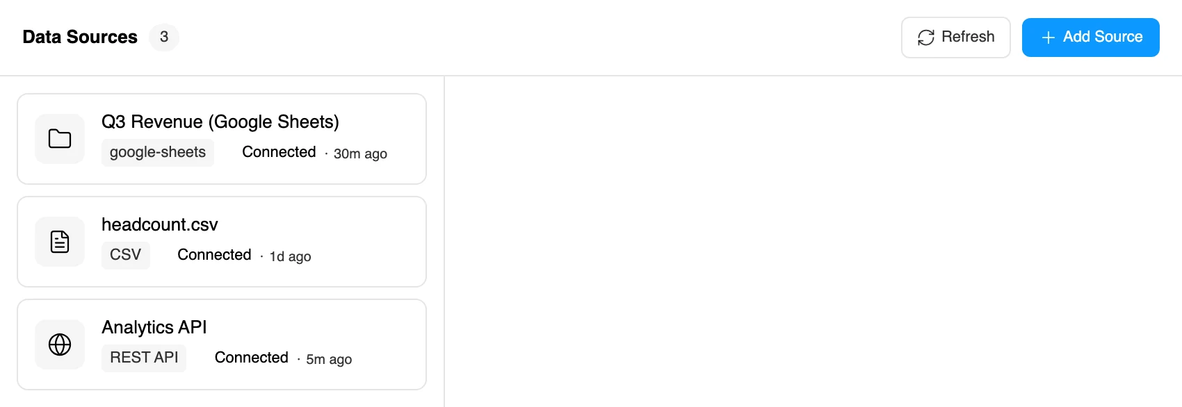 The Figma Charts data source manager listing three connected sources: Q3 Revenue from Google Sheets synced 30 minutes ago, headcount.csv synced a day ago, and an Analytics REST API synced five minutes ago