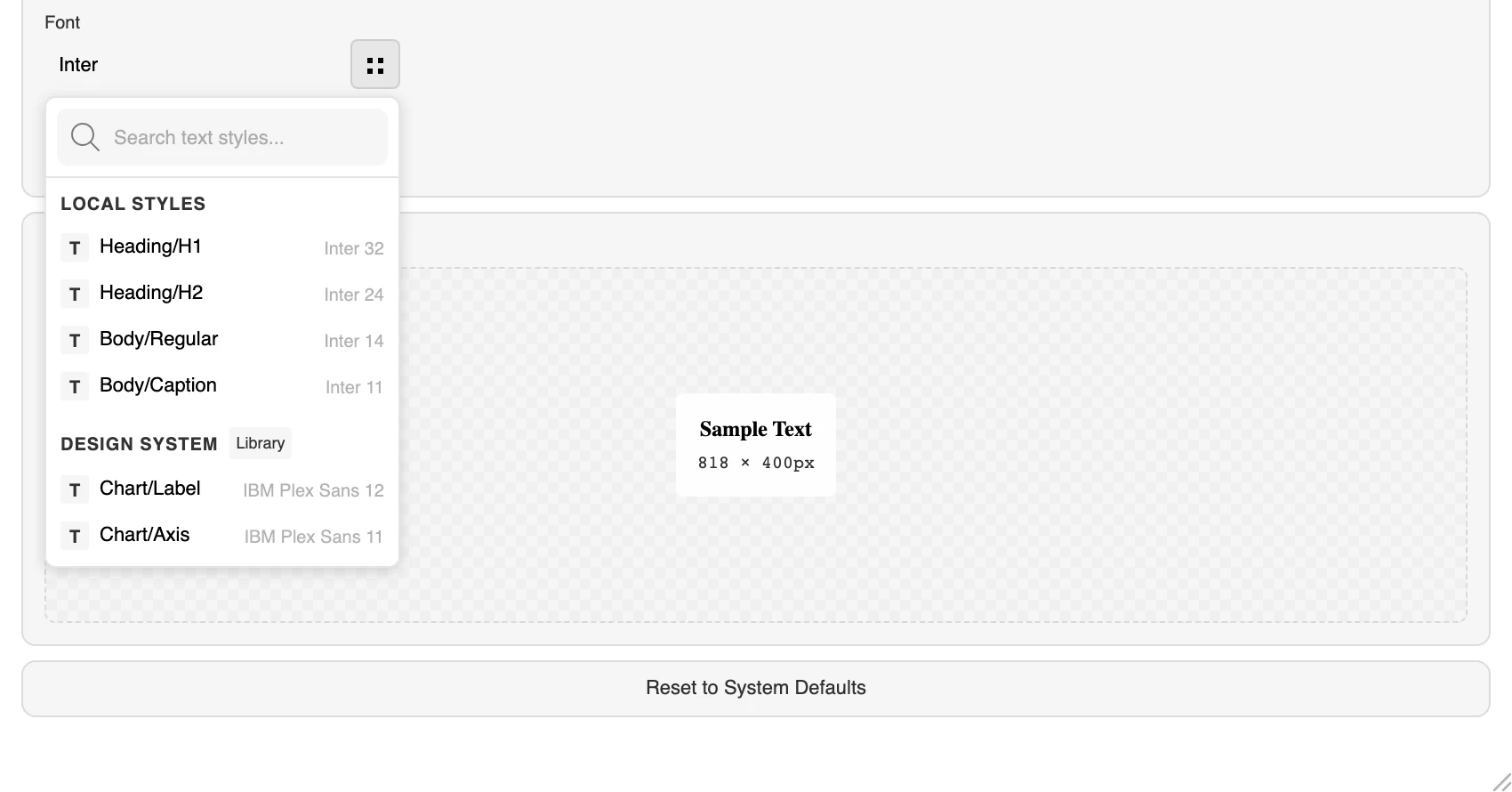 The typography control with a Figma text style selected, showing the bound style name and a searchable list of the file's text styles