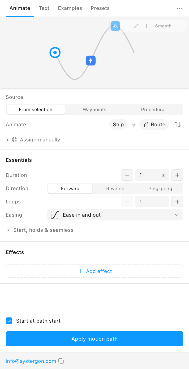 The Motion Path Animate tab with an object riding an S-curve in the preview, the Source and Animate rows, Essentials with duration, direction, loops and easing, and the blue Apply motion path button at the bottom