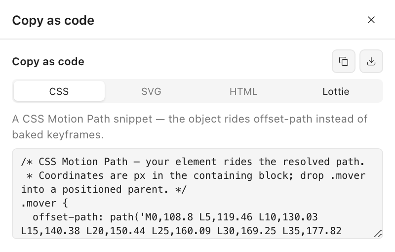 The Copy as code panel on the CSS tab, showing a CSS Motion Path snippet with an offset-path declaration containing the resolved path data