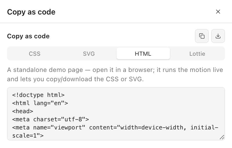 The Copy as code panel on the HTML tab, describing a standalone demo page that runs the motion live in a browser and offers copy and download for the CSS and SVG