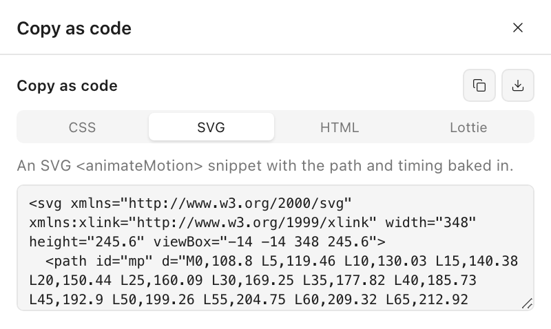 The Copy as code panel on the SVG tab, showing an animateMotion snippet with the path and timing baked in