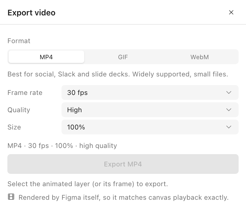 The Export video panel with a greyed-out Export MP4 button and the message Select the animated layer or its frame to export