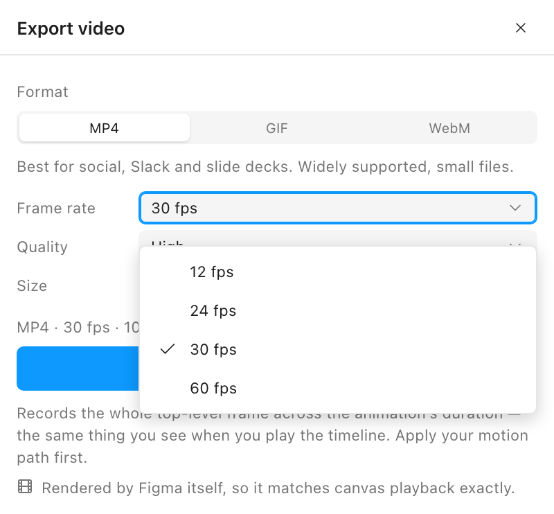 The Export video panel with the frame rate dropdown open, listing 12 fps, 24 fps, 30 fps with a checkmark, and 60 fps