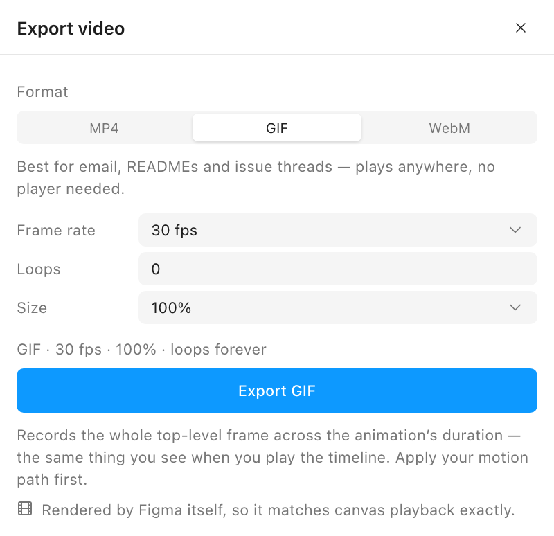 The Export video panel switched to GIF: the quality field has been replaced by a Loops field set to 0, and the summary line reads GIF 30 fps 100 percent loops forever