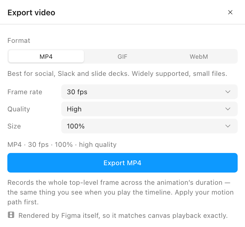 The Export video panel set to MP4 with frame rate 30 fps, quality High, size 100 percent, a summary line and a blue Export MP4 button
