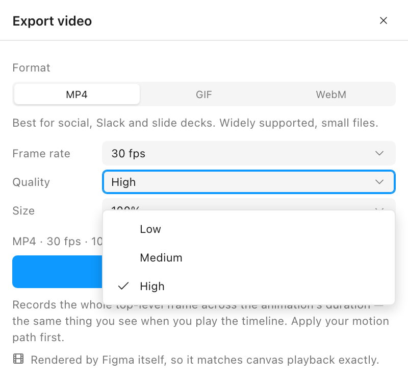 The Export video panel with the quality dropdown open, showing Low, Medium and High with High checked