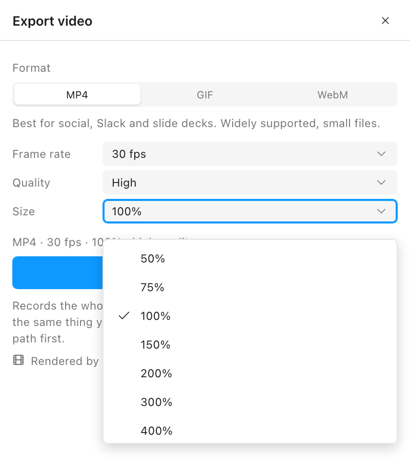 The Export video panel with the size dropdown open, listing 50 percent, 75 percent, 100 percent checked, 150 percent, 200 percent, 300 percent and 400 percent
