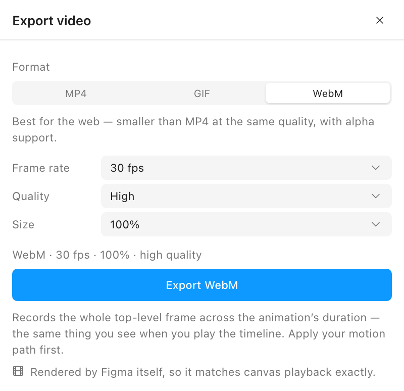 The Export video panel switched to WebM, showing the same frame rate, quality and size fields as MP4 with a WebM-specific description