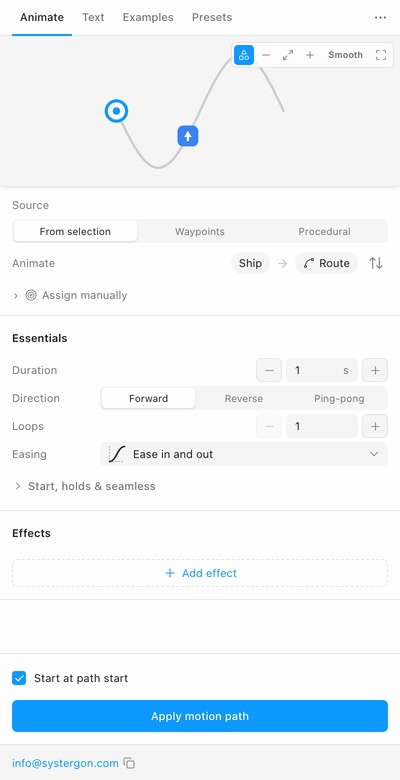 A step-by-step loop: the Animate tab ready to apply, the overflow menu opening to reveal Copy as code, the panel showing CSS by default, and the Lottie tab selected with the generated JSON