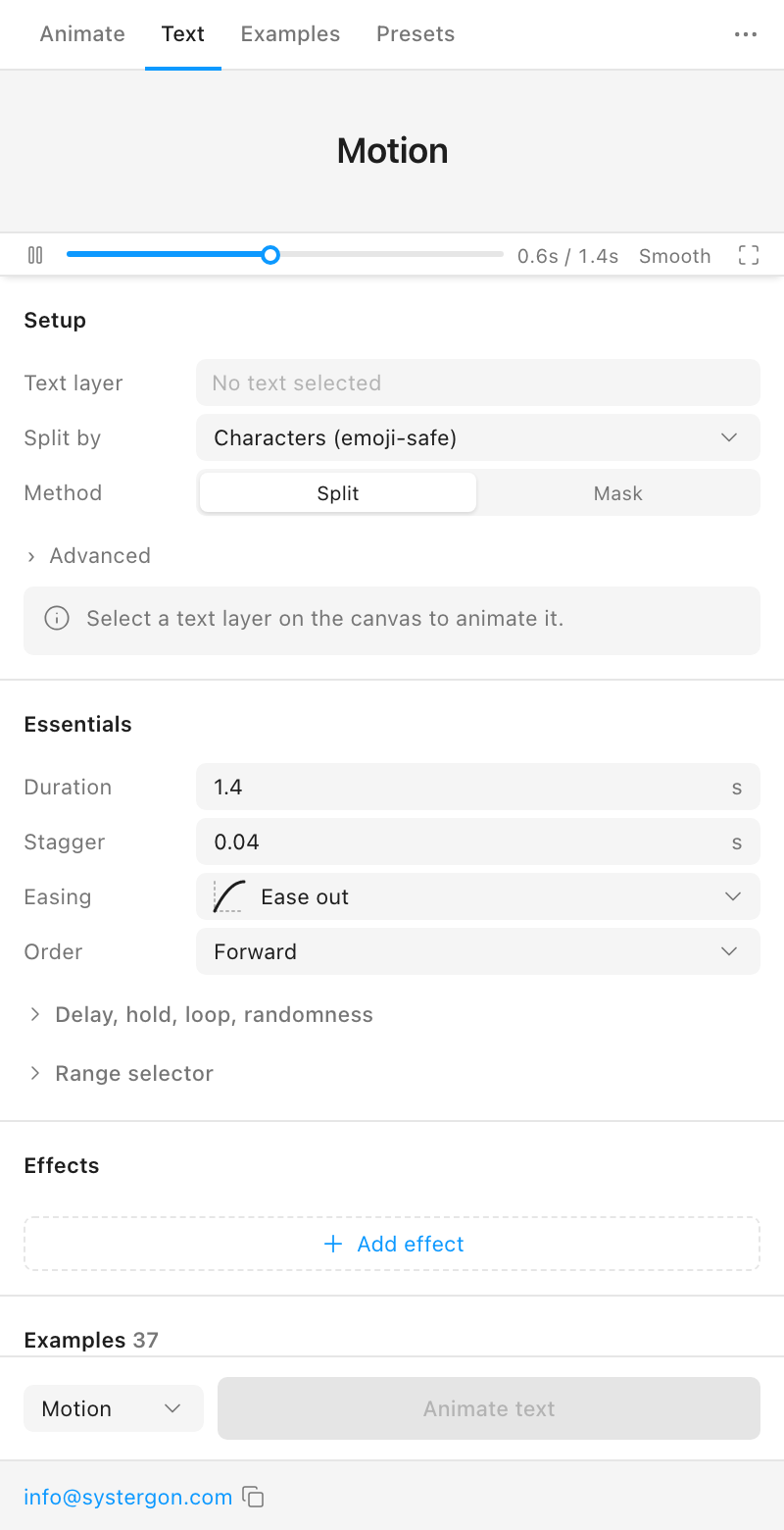The Motion Path Text tab: a Setup section with text layer, split by characters and method, Essentials with duration, stagger, easing and order, a Range selector, an Effects section and an Animate text button