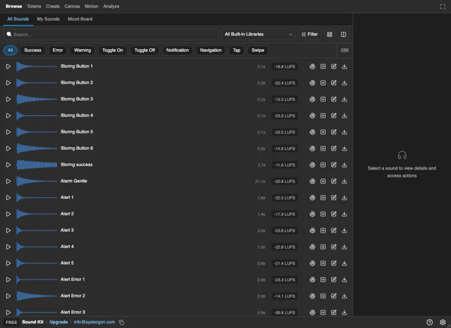 The Sound Kit Browse tab in Figma, listing library sounds with a waveform and an LUFS loudness badge on every row