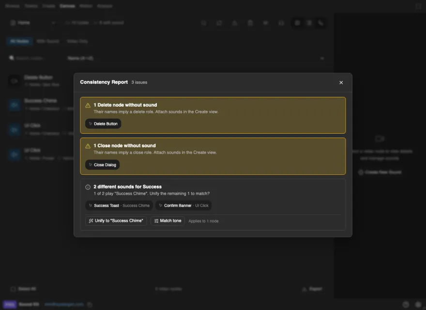 The Sound Kit Consistency Report listing duplicate-role, missing-sound and loudness-drift findings with one-click fixes