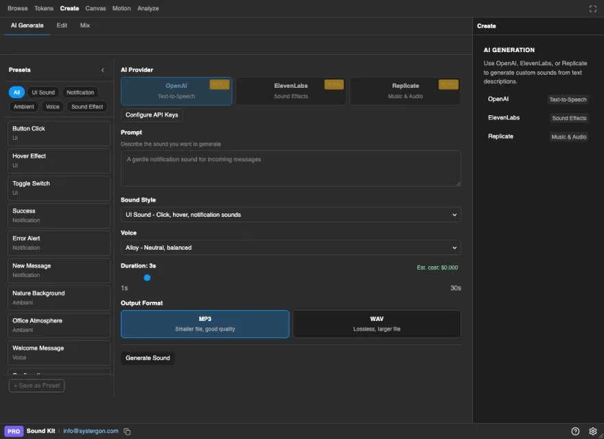 The Sound Kit Create tab AI Generate panel, with a prompt, provider selection and length control