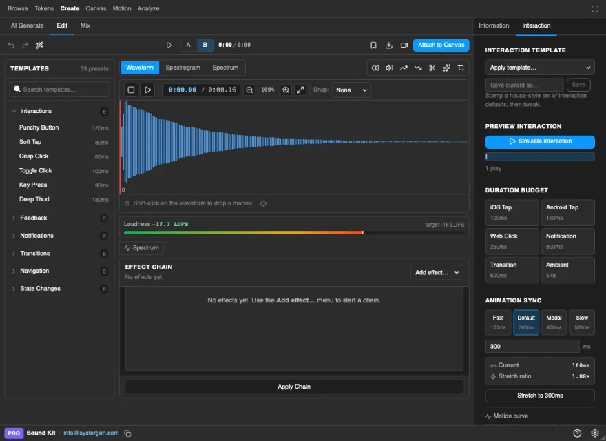 The Sound Kit editor with a sound loaded, showing the waveform, trim handles and the effects controls