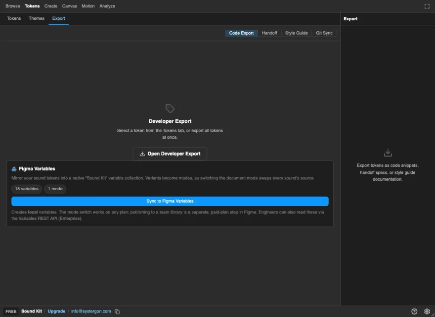 The Sound Kit Export tab showing generated developer code alongside the Figma Variables sync