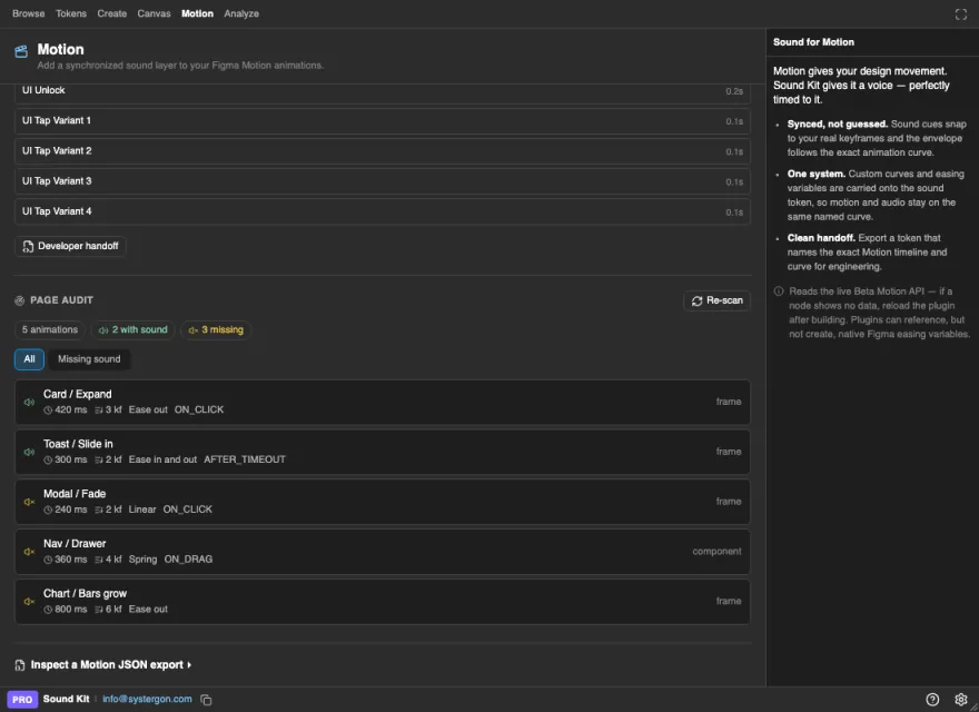 The Sound Kit Motion tab page audit, listing every animated layer on the page and whether it has sound