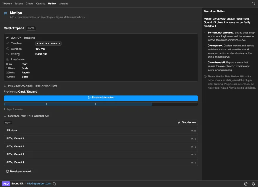 The Sound Kit Motion tab inspecting an animated Figma layer, showing its real duration and easing alongside suggested sounds