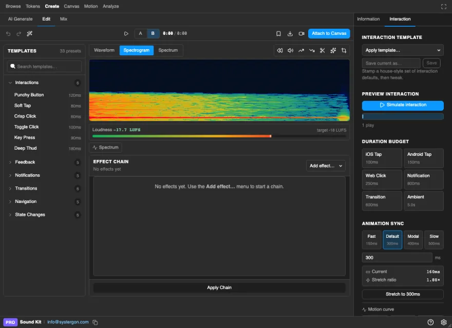 The Sound Kit editor showing a sound as a spectrogram, with frequency energy visible over time